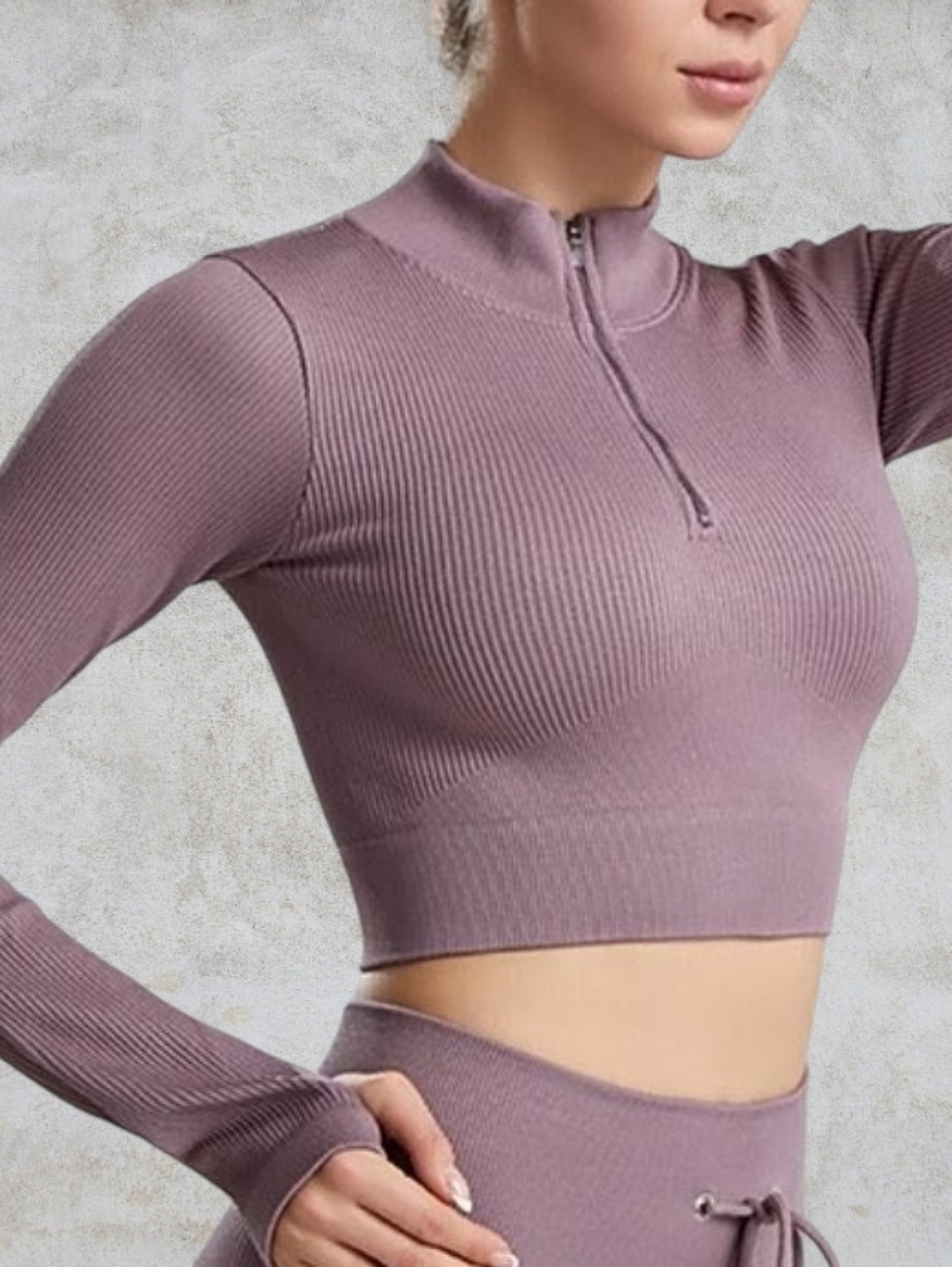 0 TO 0 Mauve Ribbed Half Zip Long Sleeve Top Size Medium Thumb Holes Stretch